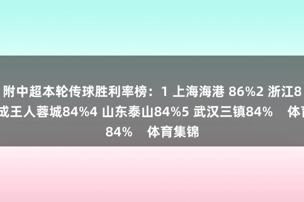 附中超本轮传球胜利率榜：1 上海海港 86%2 浙江86%3 成王人蓉城84%4 山东泰山84%5 武汉三镇84%    体育集锦