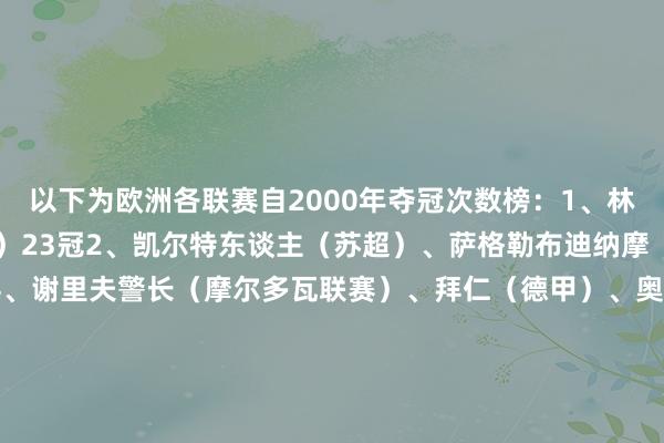 以下为欧洲各联赛自2000年夺冠次数榜：1、林肯红魔（直布罗陀联赛）23冠2、凯尔特东谈主（苏超）、萨格勒布迪纳摩（克罗地亚联赛）20冠4、谢里夫警长（摩尔多瓦联赛）、拜仁（德甲）、奥林匹亚科斯（希腊联赛）19冠7、新圣徒（威尔士联赛）17冠8、顿涅茨克矿工（乌克兰联赛）16冠9、哥本哈根（丹麦联赛）、迪德朗（卢森堡联赛）15冠    体育集锦